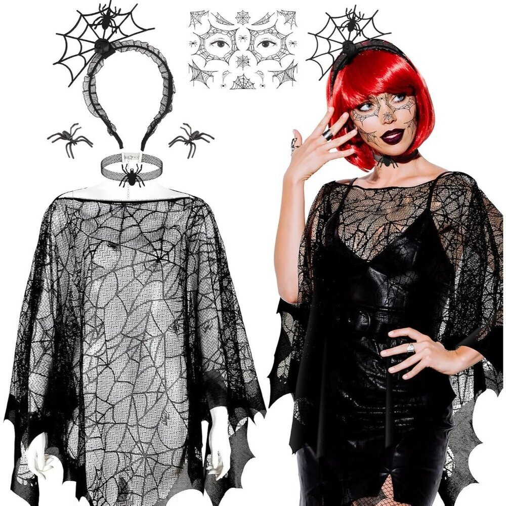 Halloween Spiderweb Costume Accessories Women Lace Poncho Hair Hoop Earrings